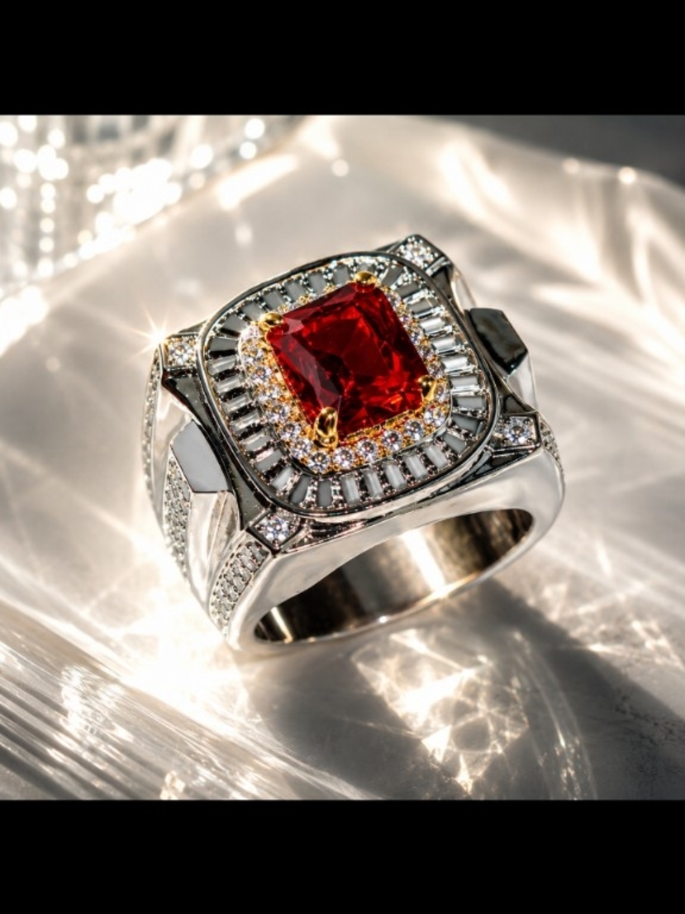 Mens Ring Size 8 Silver Tone With Red Emerald Cut & Cz Crystals